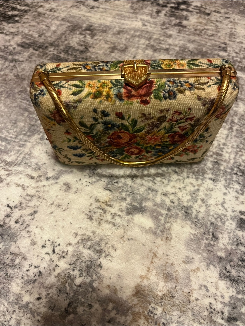 Floral Tapestry Box Clutch in Cream with Gold Hardware